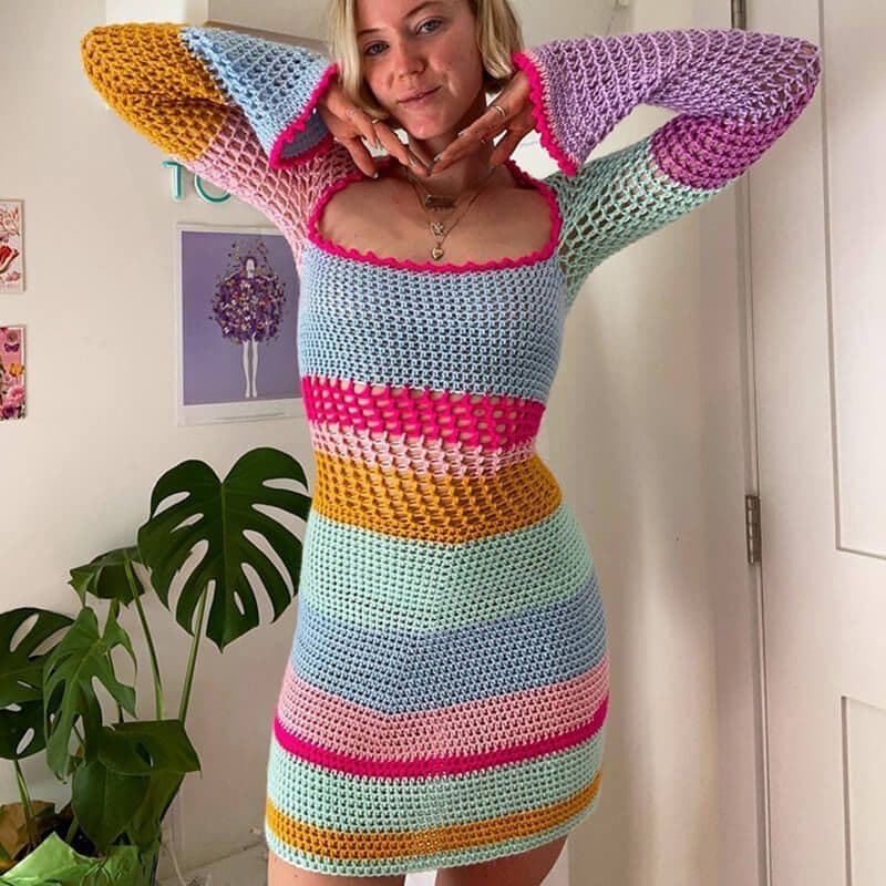 Crochet dress hollow out long sleeve green/yellow - Large / Pink/Blue