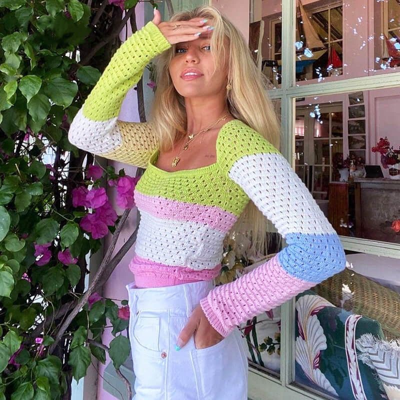 Crochet long sleeve top square neck - Small