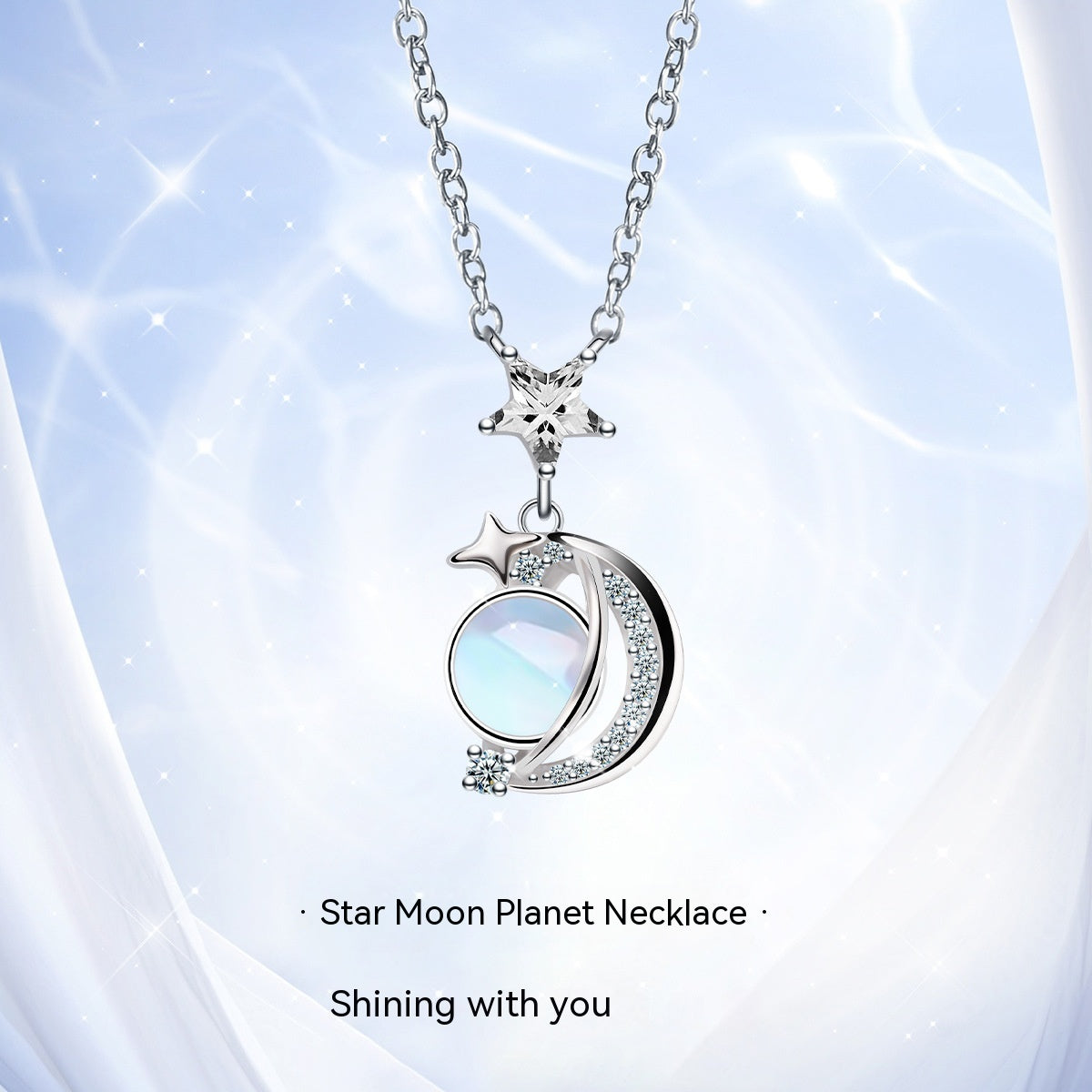 Sterling Silver Fashion Design Star Moon Necklace