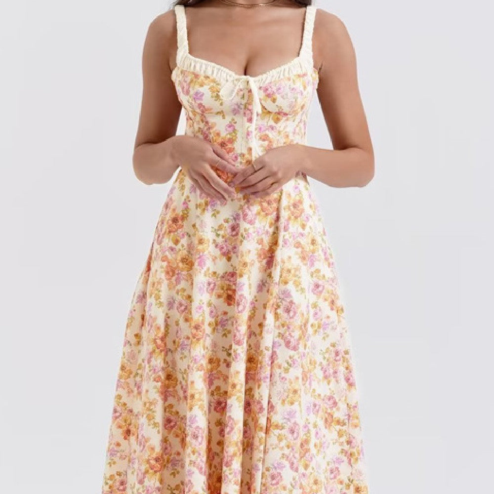 Fashionable Floral Deep Square Neck Suspender Dress
