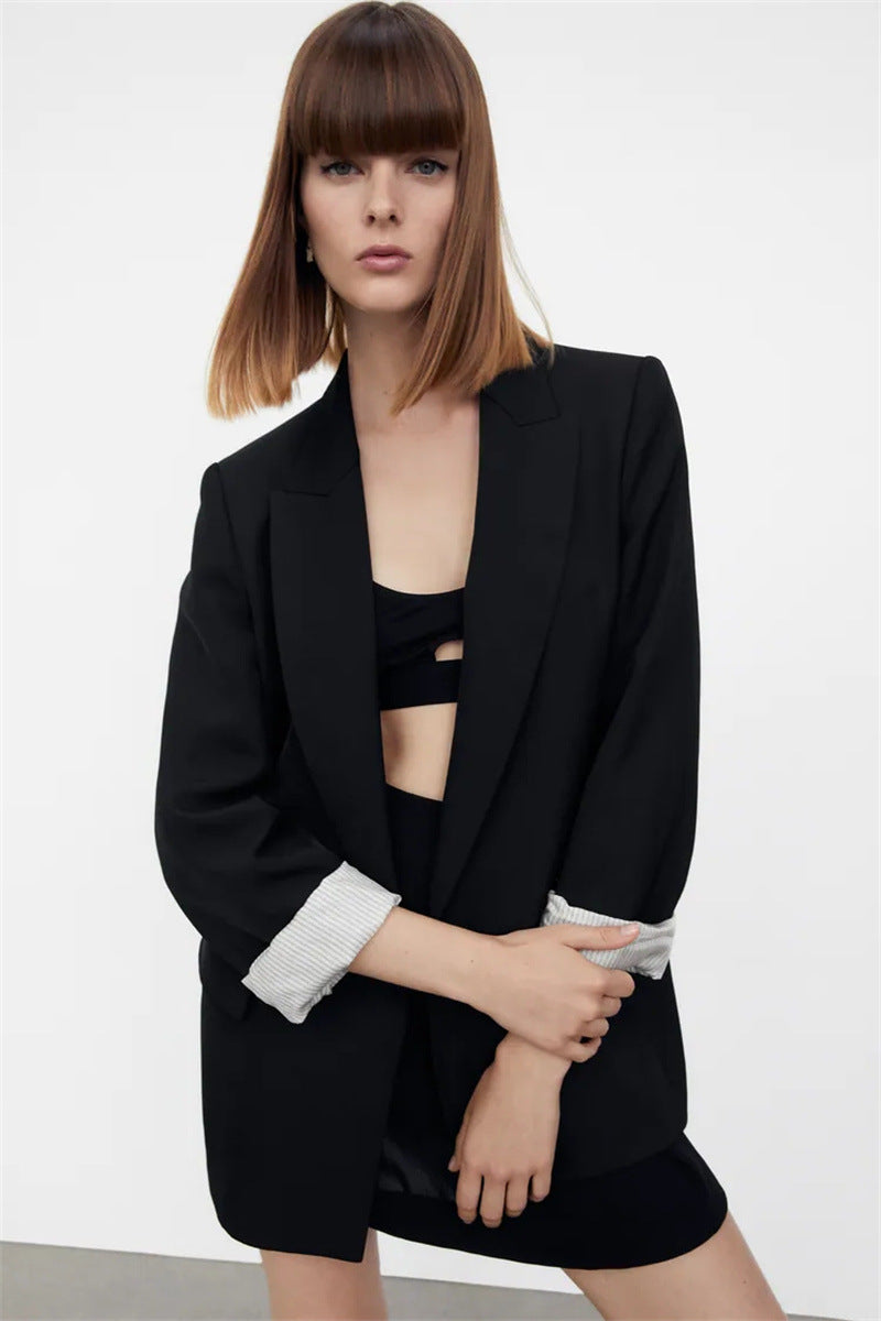 Women's Fashionable Curled Brim Cuff Polo Collar Top Blazer