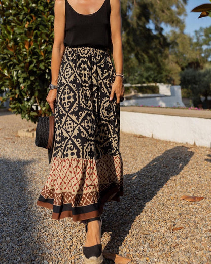 European Summer Printed Loose Stitching Large Swing Skirt