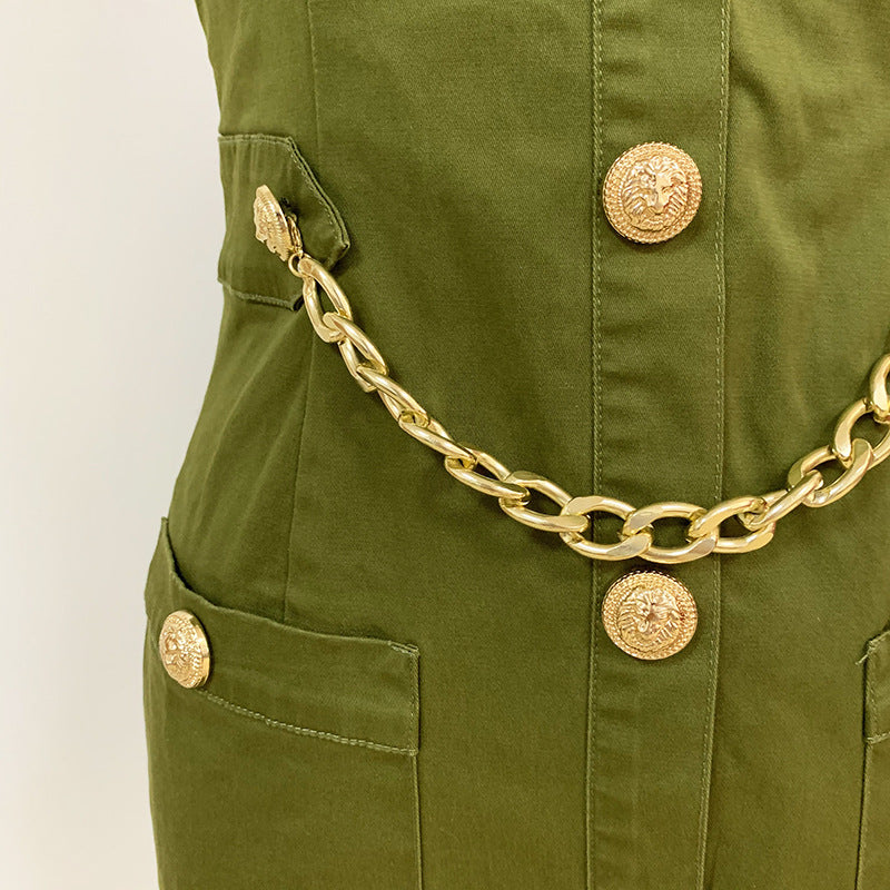 Lion Buttons Chain Green Cotton Backless Halter Dress