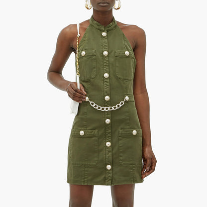 Lion Buttons Chain Green Cotton Backless Halter Dress