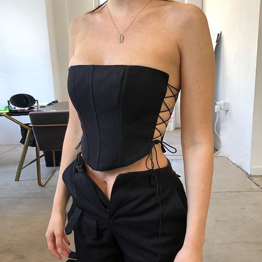 Cryptographic Off Shoulder Strapless Lace Up Bustier Corset Crop Top