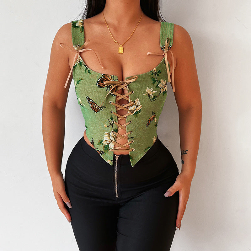 Women's Waist Corset Top Lace-up Woven Flowery