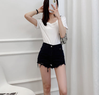 Fashion High Waist Ragged Denim Shorts