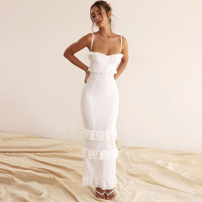 White Crocheted Suspender Dress Slim Fit