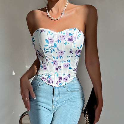Fashion Corset Top Low-cut Backless Flower Wrapped Chest Cinched Fishbone Waist