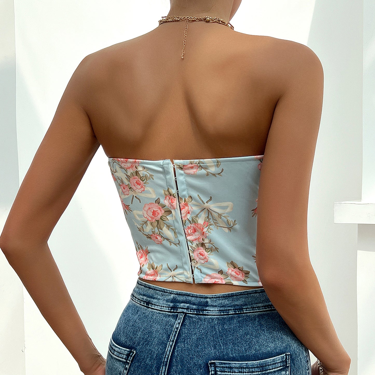 Fashion Corset Top Low-cut Backless Flower Wrapped Chest Cinched Fishbone Waist