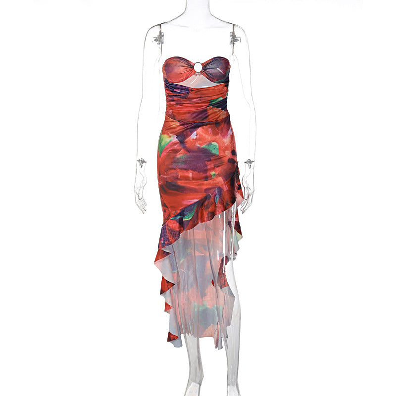 Tube Top Irregular Slit Contrast Colour Dress