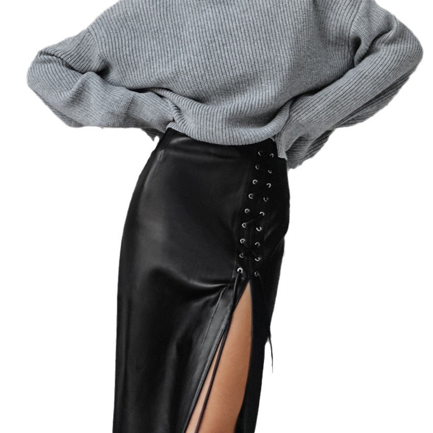 Punk Lace-up Black PU Leather Skirt