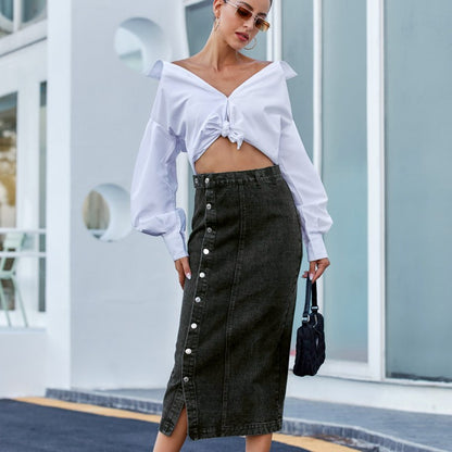 Button Irregular Slit Skirt Denim High Waist Long Skirt