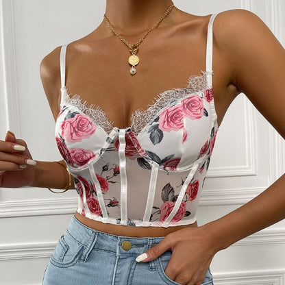 Women's Fashion Perspective Slim Fit Flowery Corset Top