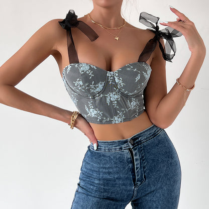 Women's Fashion Lace-up Sling Steel Ring Fishbone Chest Flowery Corset top