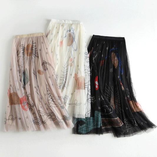 High Waist Slimming Printed Mesh Mid-length Skirt