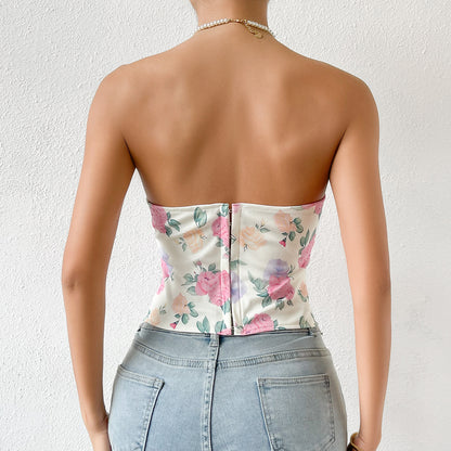 Fashion Corset Top Low-cut Backless Flower Wrapped Chest Cinched Fishbone Waist