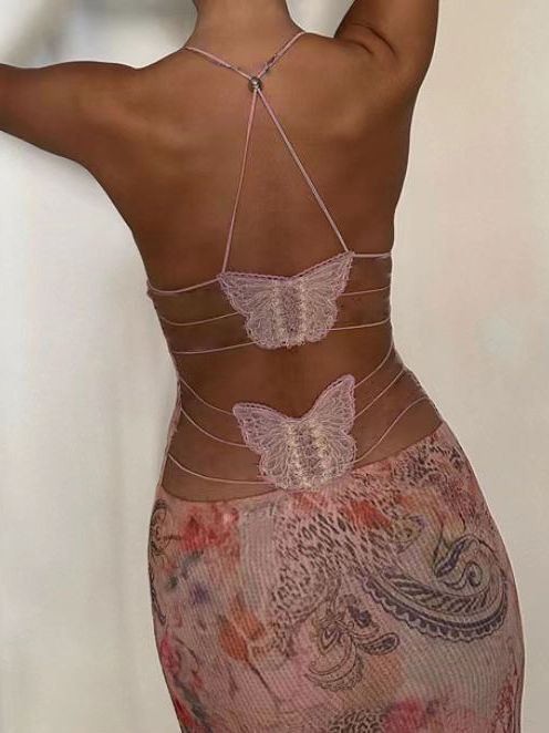 Floral Print Halter Spaghetti Straps Slim Dress Butterfly Back