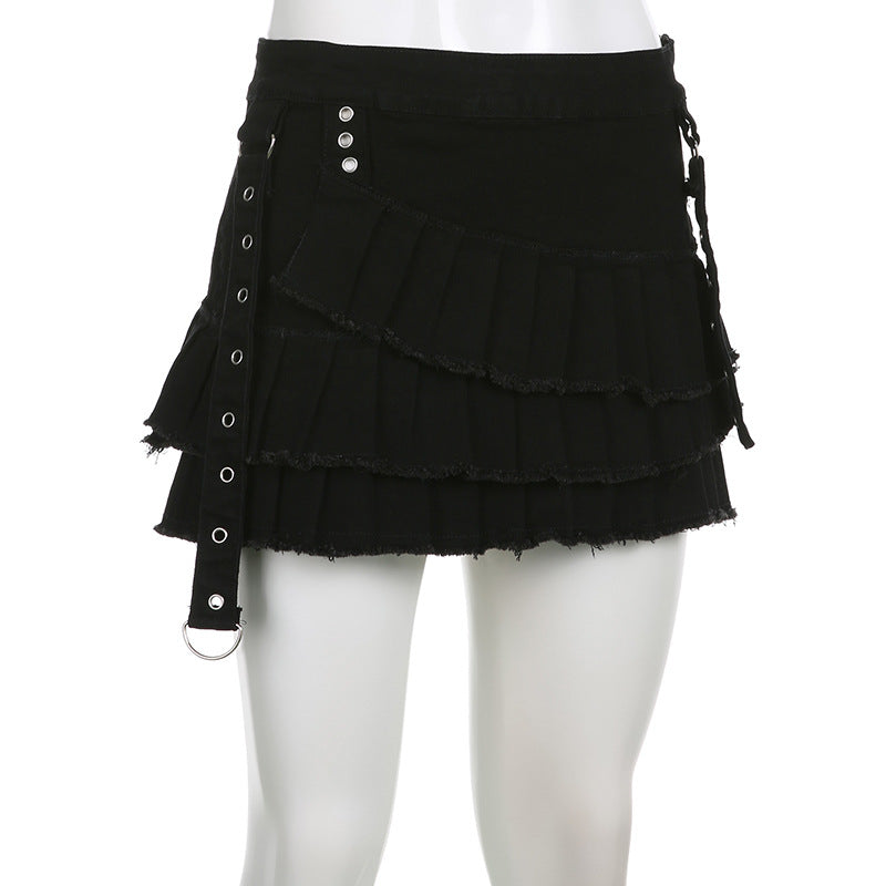 Metal Buckle Irregular Pleated Denim Skirt