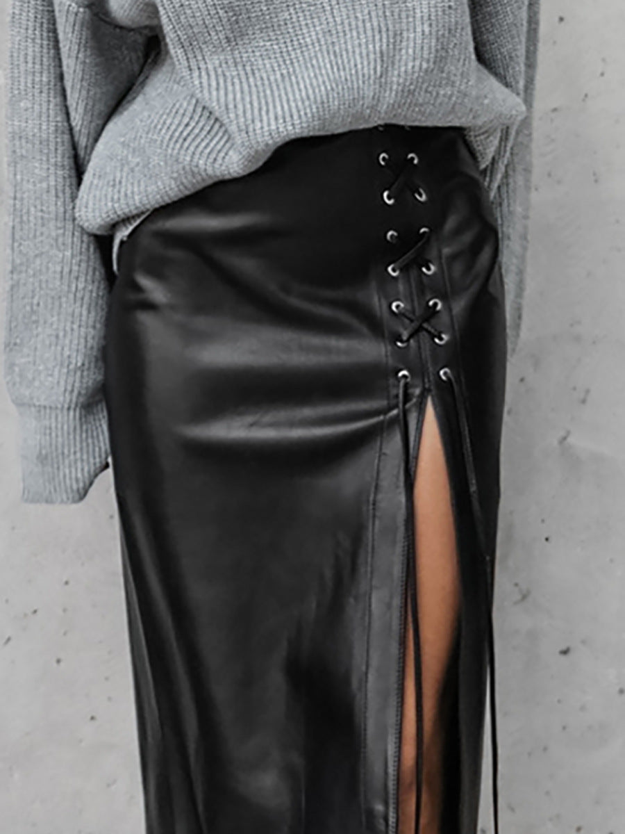 Punk Lace-up Black PU Leather Skirt