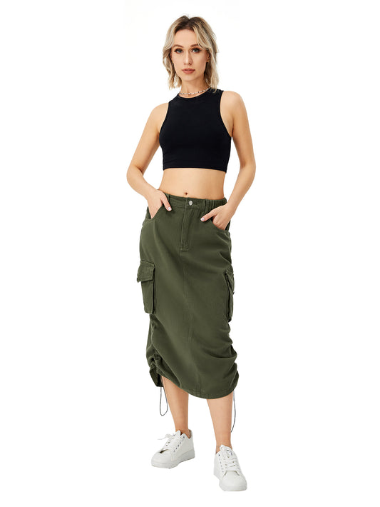 Cargo Midi Loose High Waist Front Split Skirt