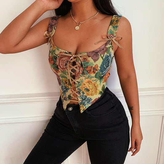 Women's Waist Corset Top Lace-up Woven Flowery