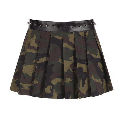 Street Style Camouflage Printed Rivets Pleated Skirt Low Waist Skirt