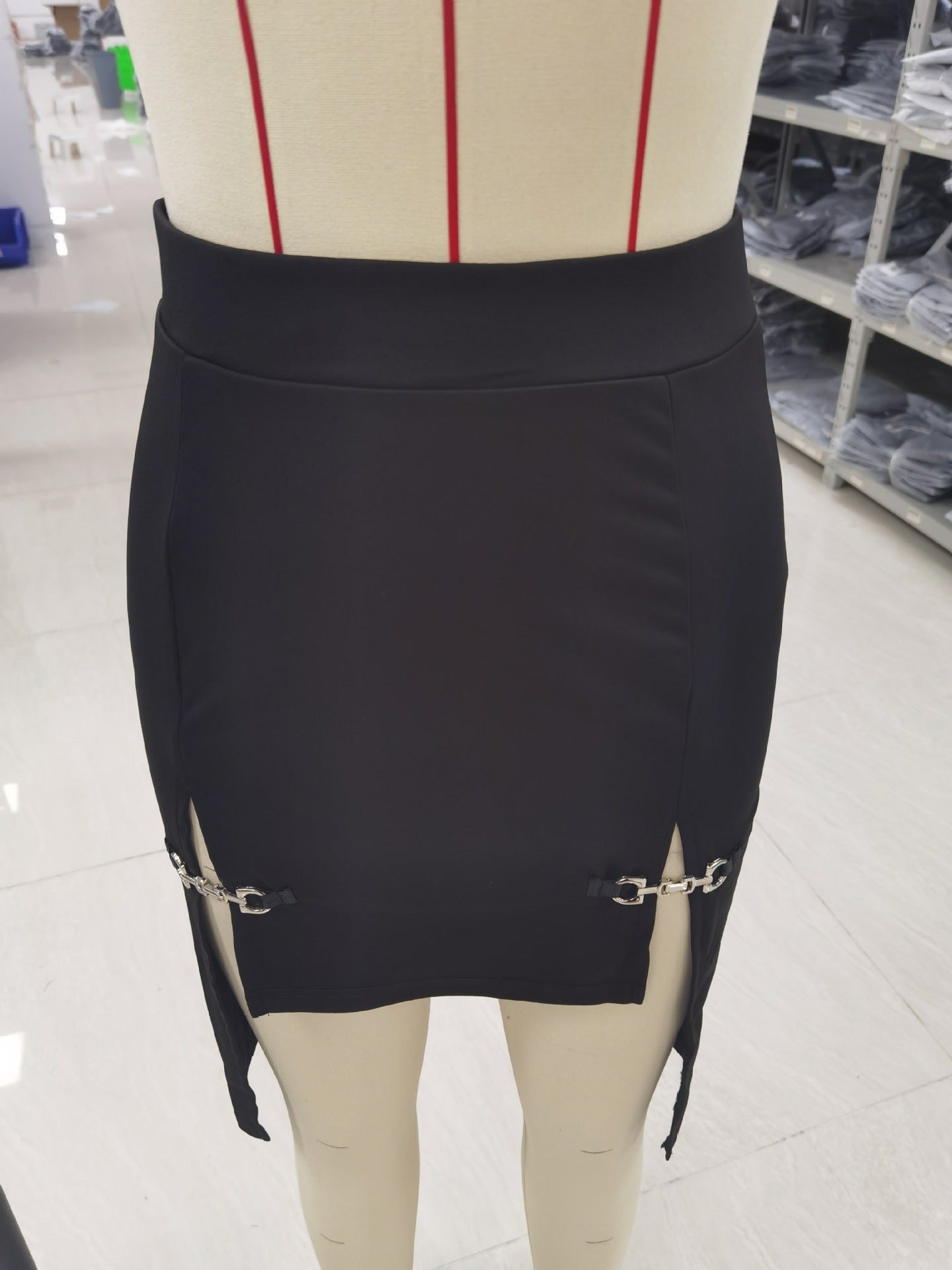 Gothic Style Split Metal Buckle Mini Front longer Back Skirt