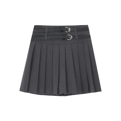Preppy Style Double Belt A-Line Skirt