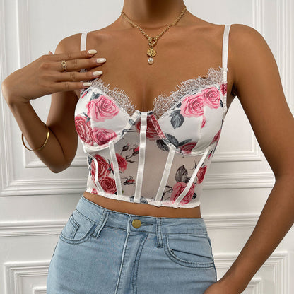 Women's Fashion Perspective Slim Fit Flowery Corset Top