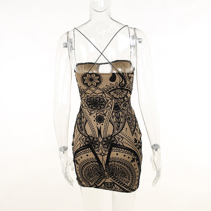 Flocked Printed Hollow Sheath Suspender Dress
