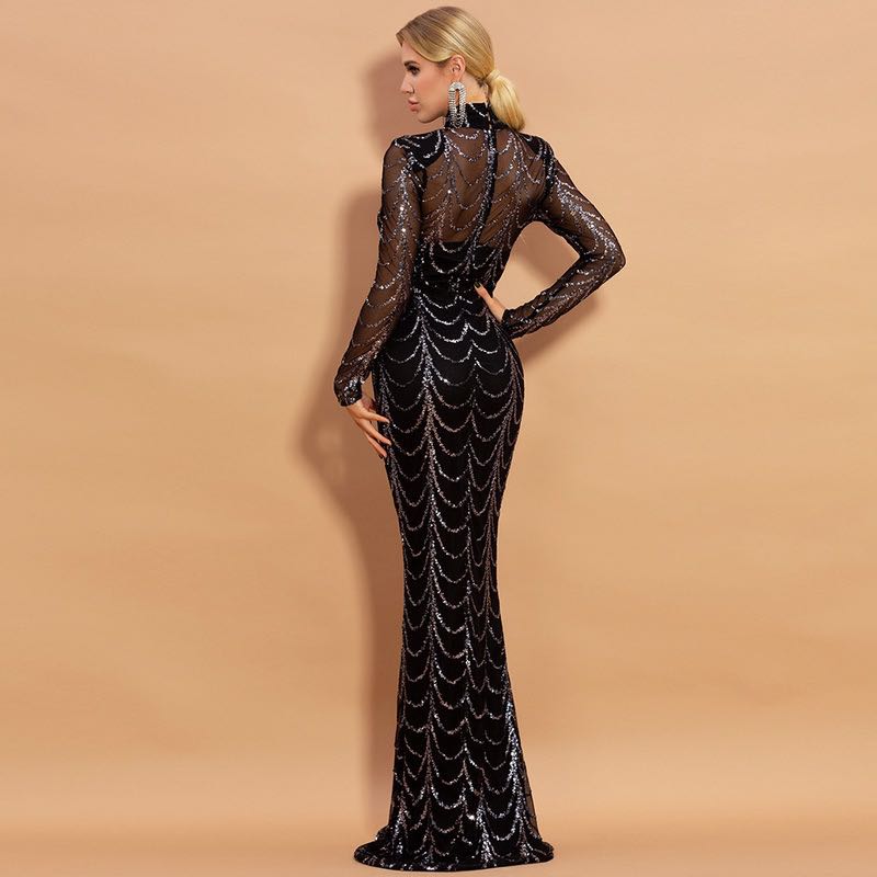 Elegent Sheath Silhouette Sequins Maxi Party Dress Long Sleeve