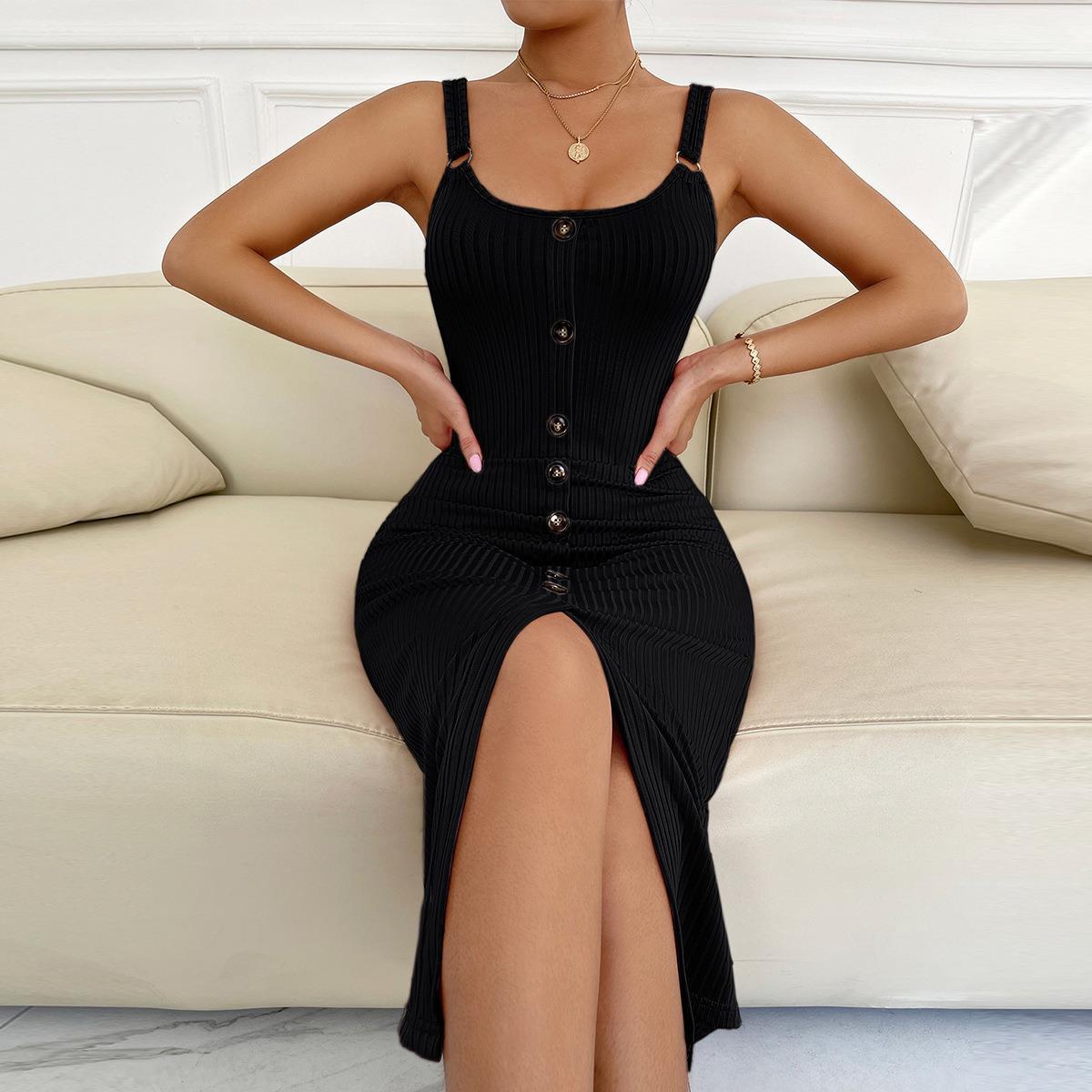 Slim-fit Knitted Slit One-step Dress With Suspenders