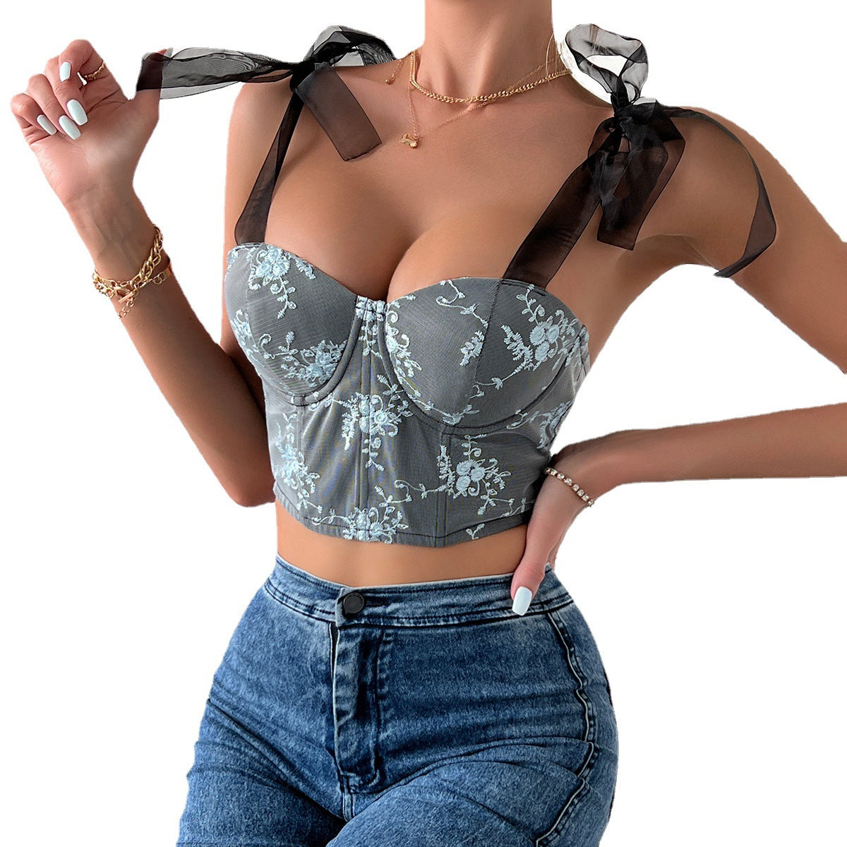 Women's Fashion Lace-up Sling Steel Ring Fishbone Chest Flowery Corset top