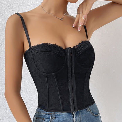 Women's Fashion Solid Color Lace Sling Fishbone Steel Ring Wrapped Chest Breasted Corset Top