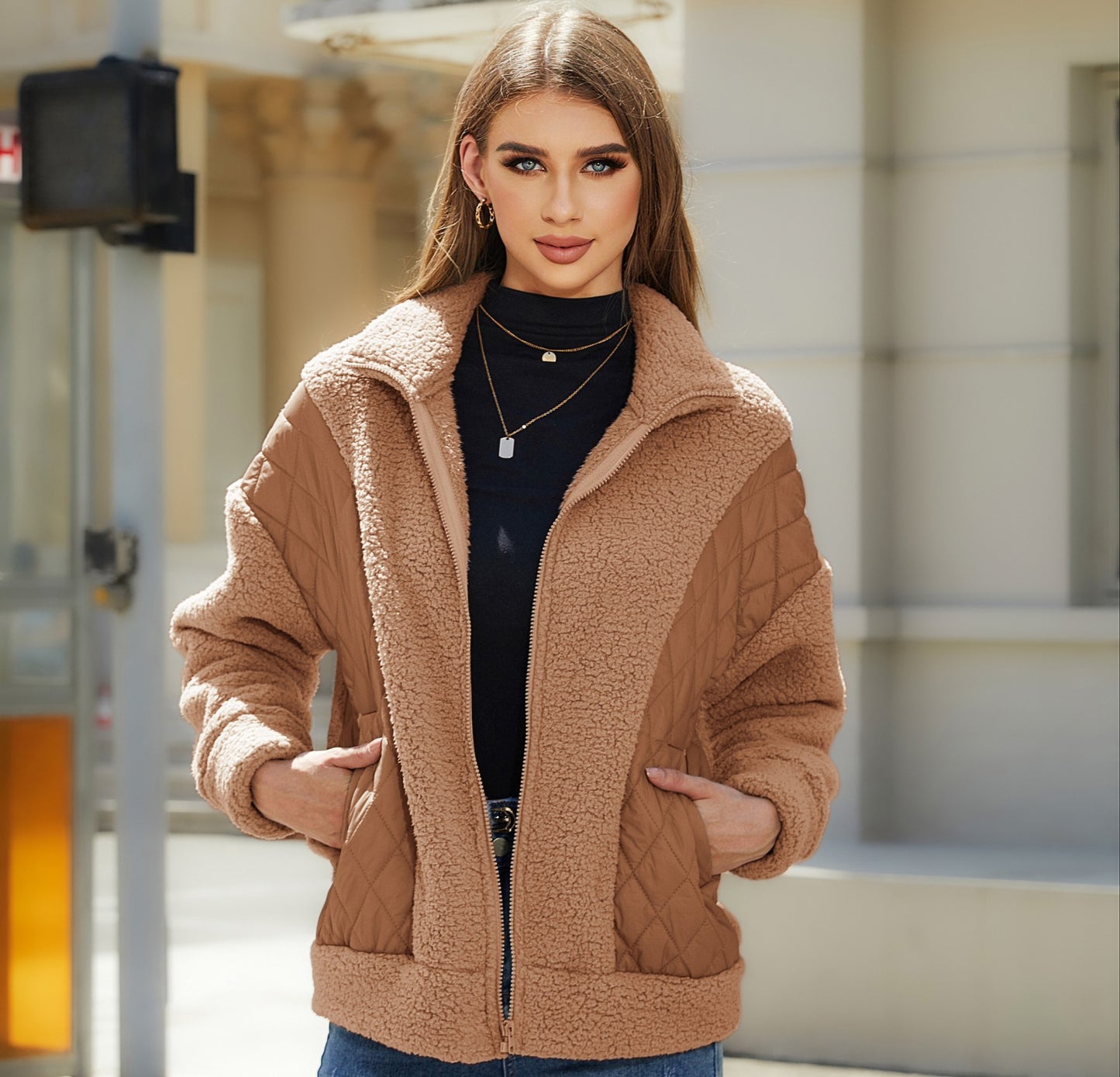 Cardigan Zipper Plush Stitching Women's Coat