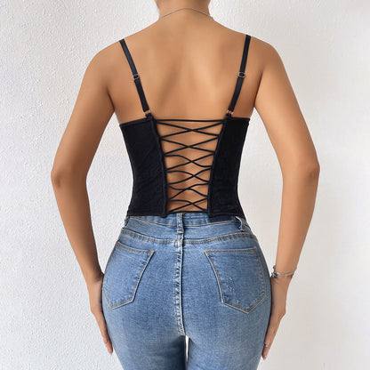 Women's Fashion Solid Color Lace Sling Fishbone Steel Ring Wrapped Chest Breasted Corset Top