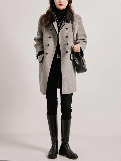 Casual Contrast Color Peter Pan Collar Reversible Woolen Coat