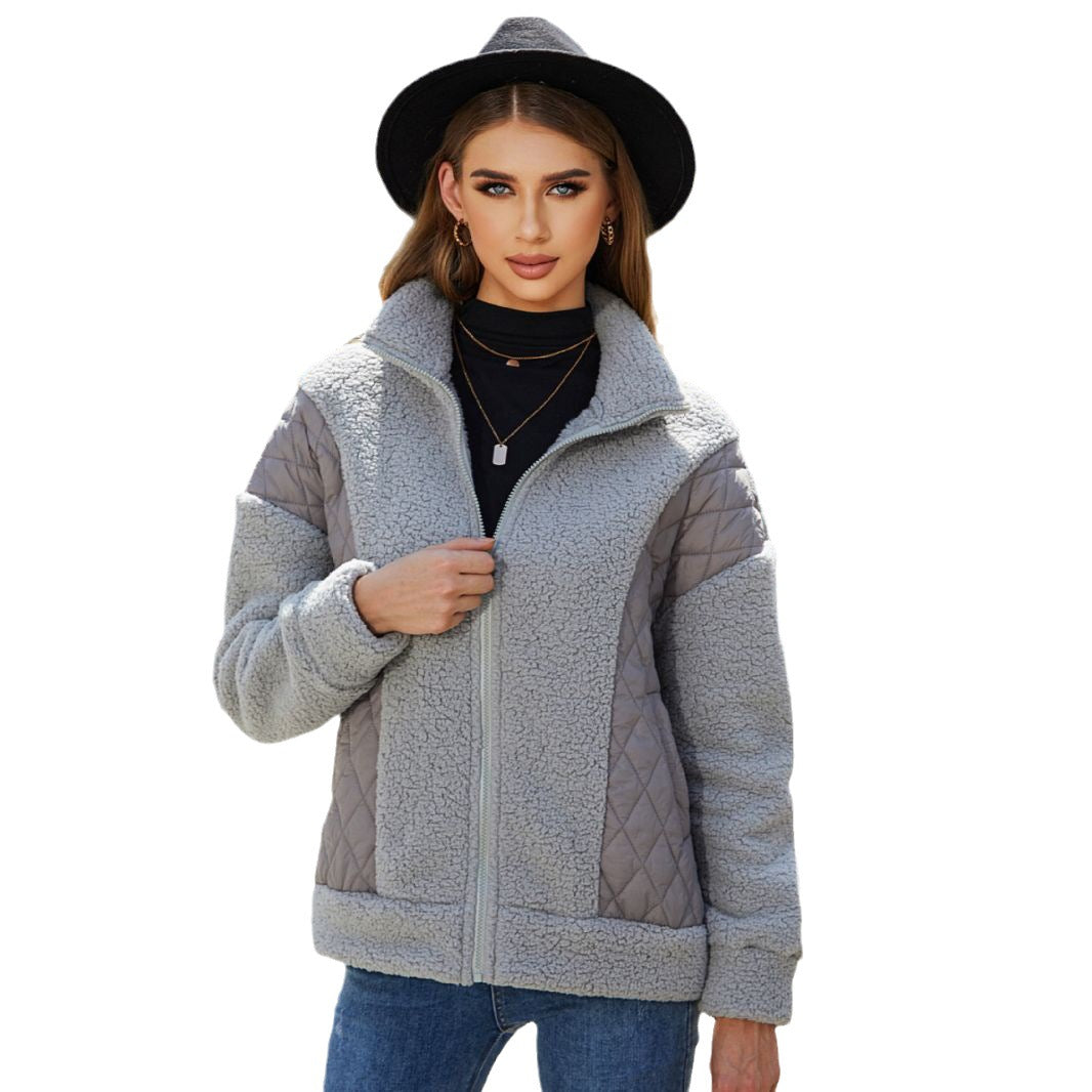 Cardigan Zipper Plush Stitching Women's Coat