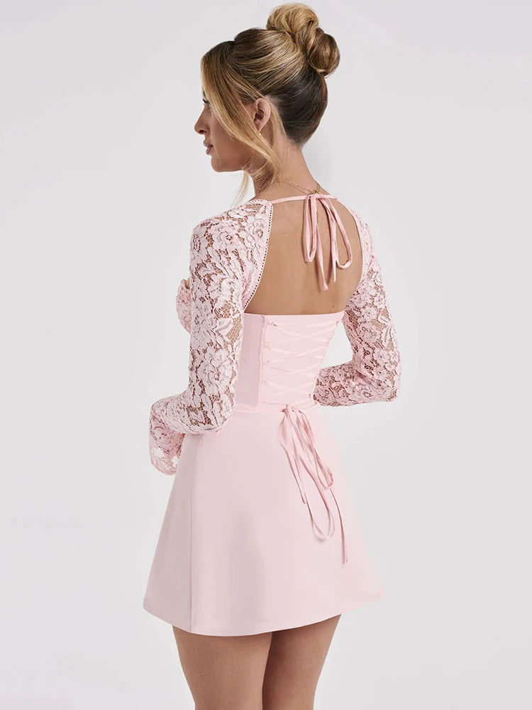 Elegant Bodycon Lace Sheer Long Sleeve Mini Dress Strapless Backless Dress