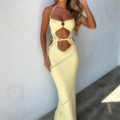 Sleeveless Knit Maxi Dress Solid Color Halter Neck Tie-Up Back