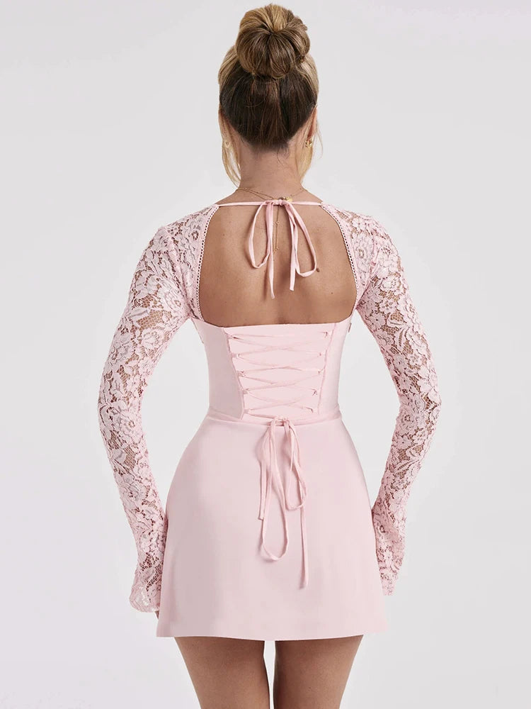 Elegant Bodycon Lace Sheer Long Sleeve Mini Dress Strapless Backless Dress
