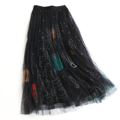 High Waist Slimming Printed Mesh Mid-length Skirt