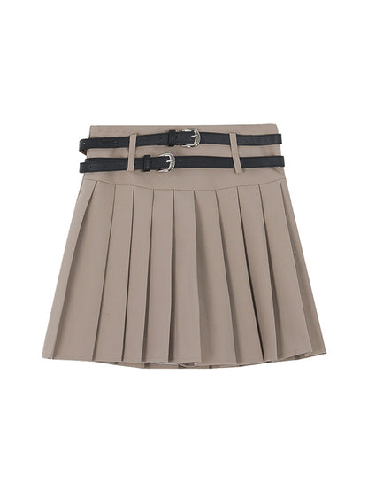 Preppy Style Double Belt A-Line Skirt