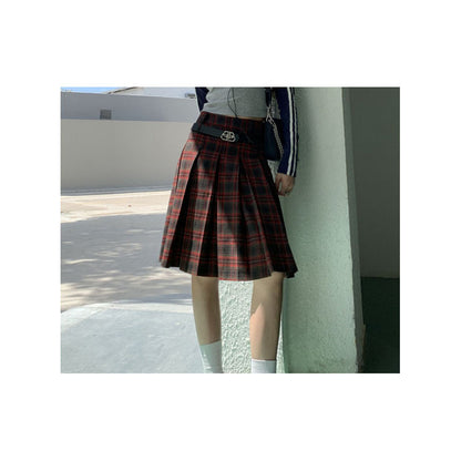 A- Line Plaid Skirt High Waist Design Sense