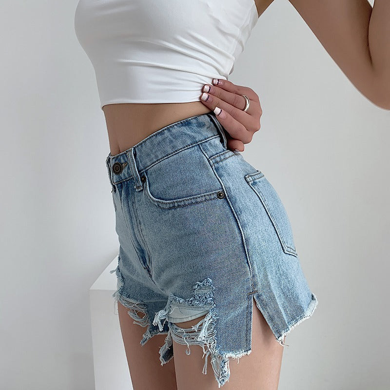 Ripped Beggar Denim Shorts With Small Slit