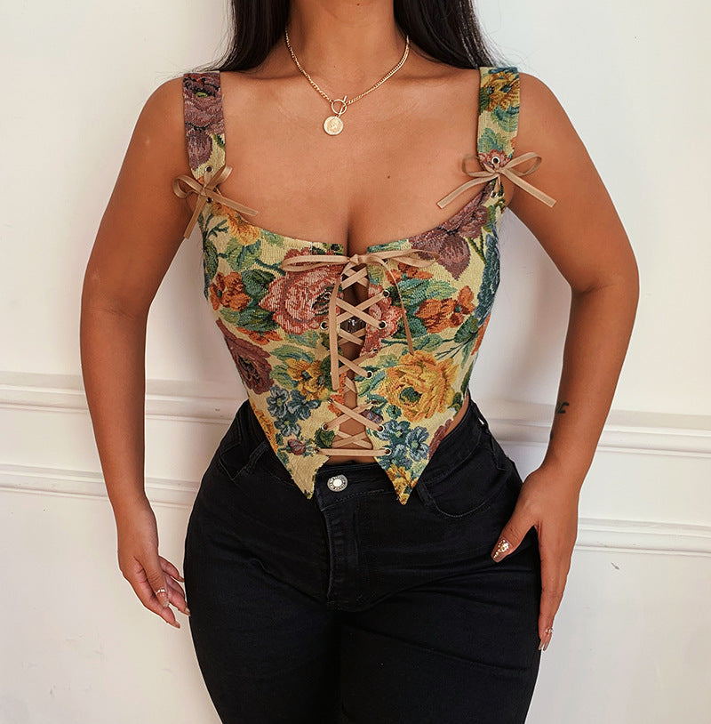 Women's Waist Corset Top Lace-up Woven Flowery