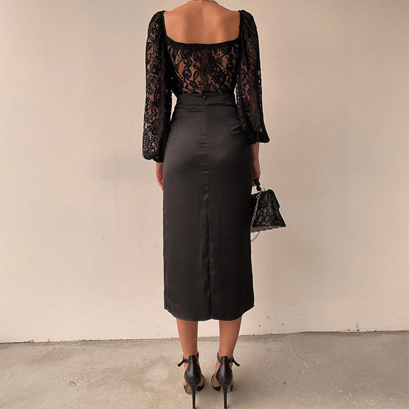 Black Slim Fit Lace Split V-neck Dress