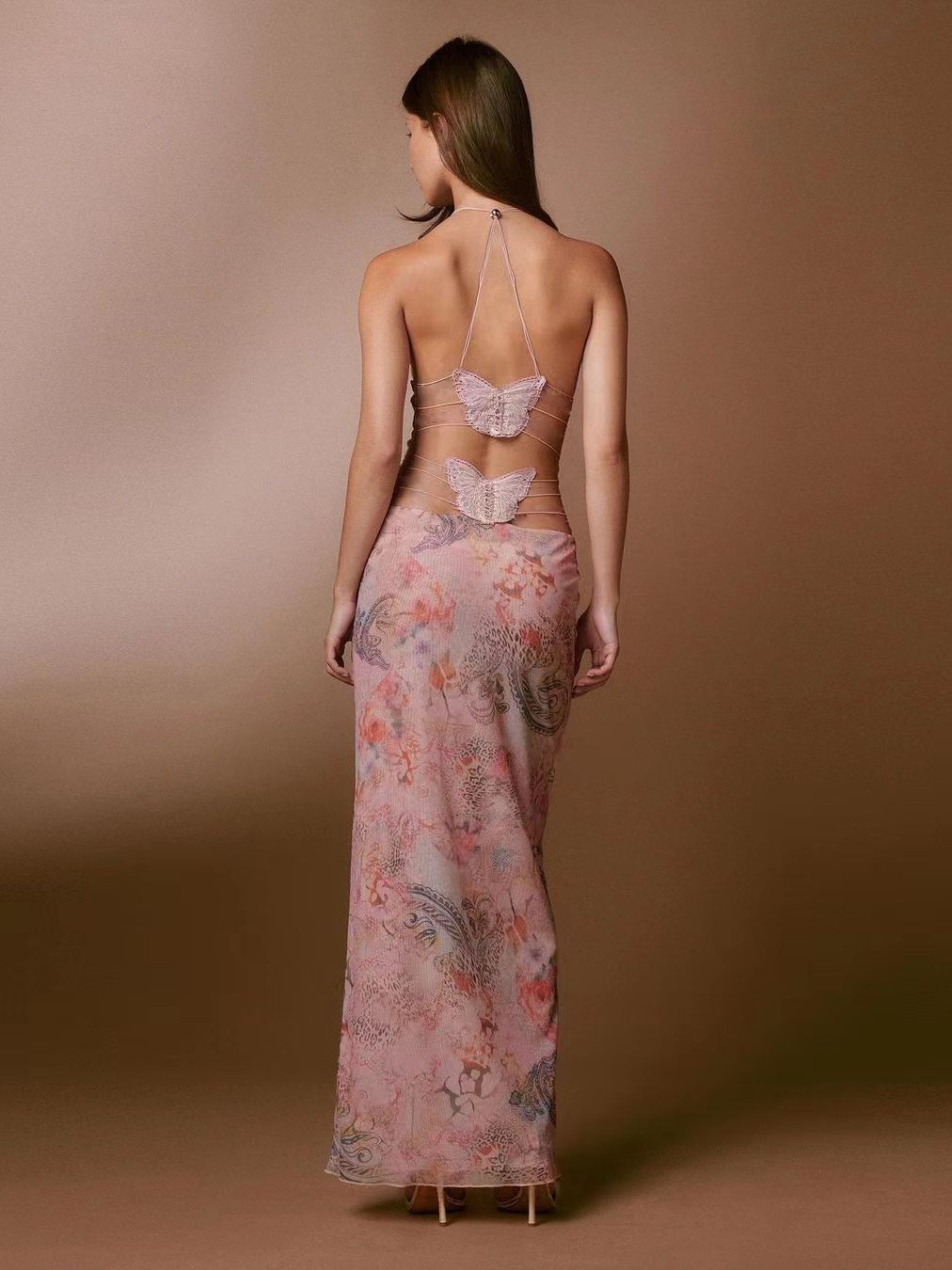 Floral Print Halter Spaghetti Straps Slim Dress Butterfly Back