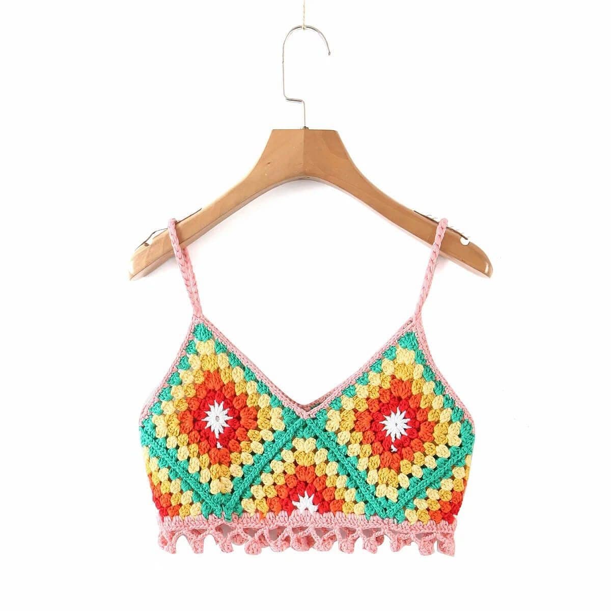 Crochet Deep V neck colour contrast crop top